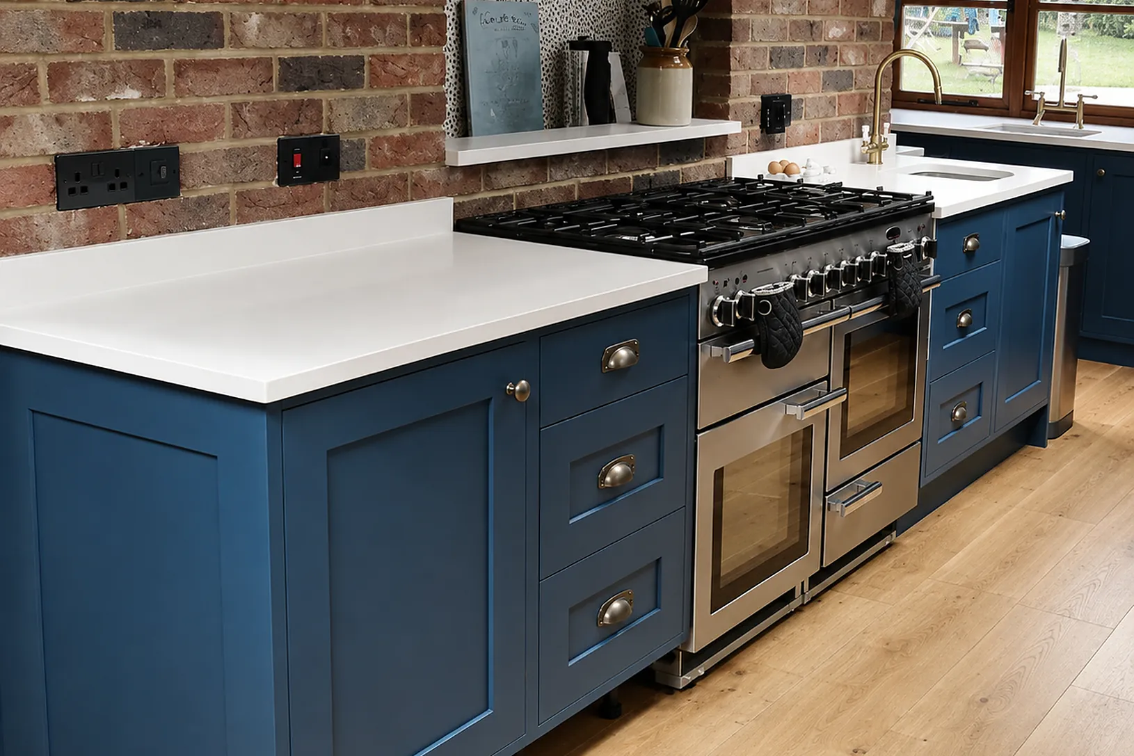 Navy blue island kitchen with range cooker and exposed brick